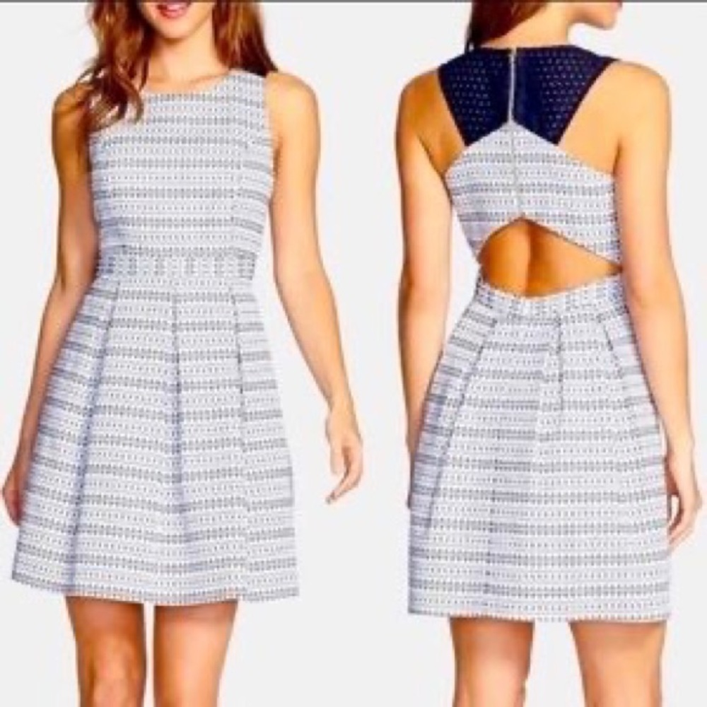 Trina Turk Black White Open Back Fit & Flare Dress